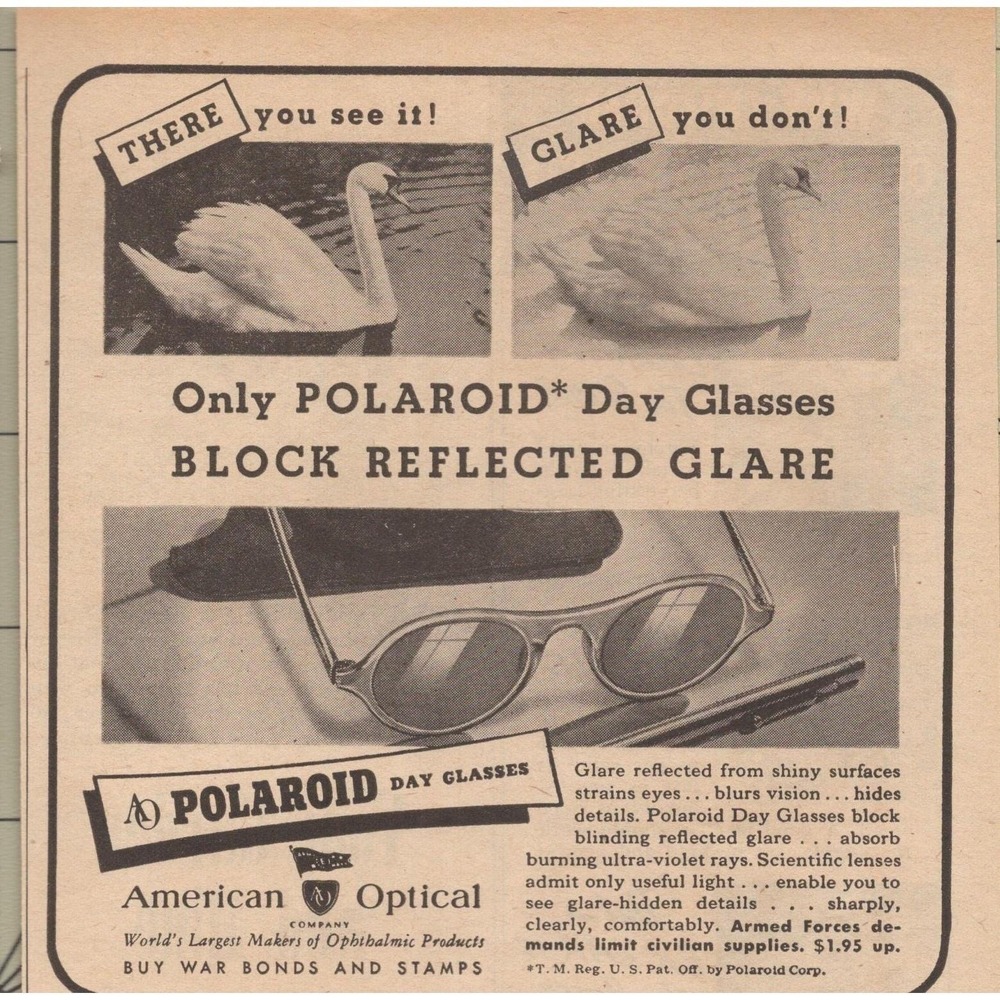 American Wartime Polaroid Day‎ Glasses Anti Glare Sunglasses Print Ad 1945